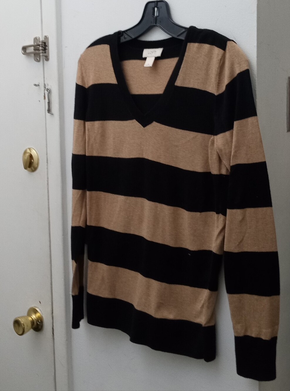 LOFT Black and Tan Striped V-Neck Sweater